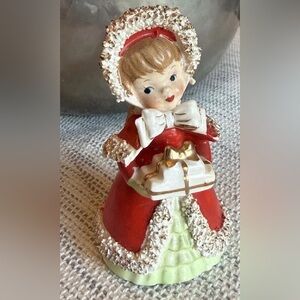 Lefton Christmas Girl Bell Figurine MCM 1950s Vintage Santa Suit w Sugared Trim
